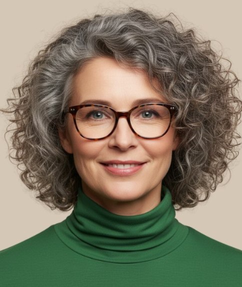 Coiffure semi-longue boucl&eacute;e pour cheveux gris