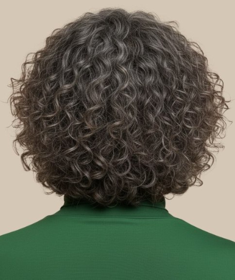 Coiffure boucl&eacute;e pour cheveux gris &ndash; Vue de dos