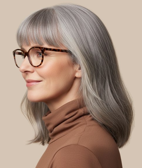Carr&eacute; long sous les &eacute;paules pour cheveux gris &ndash; Vue de profil