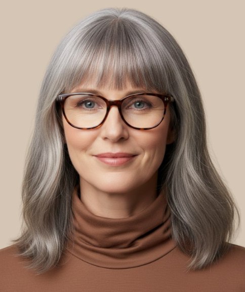 Cheveux gris longs aux ondulations douces, portés avec des lunettes