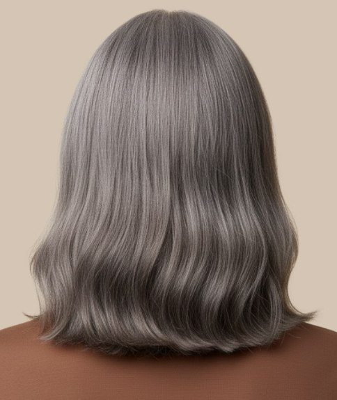 Cheveux longs gris argent – Vue de dos