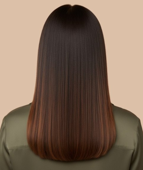 Cheveux longs avec balayage du brun au caramel – Vue de dos