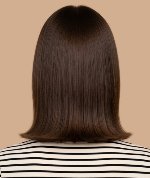 Cheveux bruns mi-longs &agrave; la finition brillante &ndash; Vue de dos