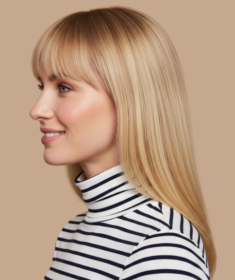 Cheveux longs blonds avec frange classique &ndash; Vue de profil