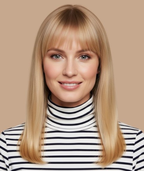 Coiffure longue au-delà des épaules avec frange au niveau des sourcils