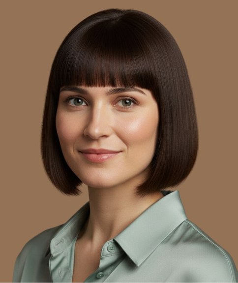 Carr&eacute; &agrave; la coupe nette avec frange juste au-dessus des sourcils