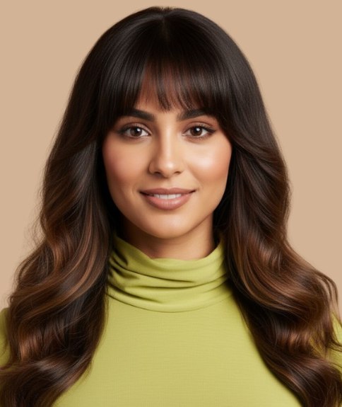 Coiffure longue dégradée avec frange douce