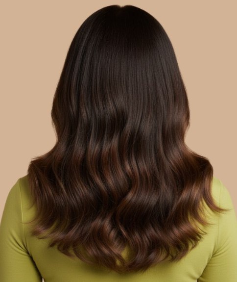 Cheveux longs bruns avec mèches couleur miel – Vue de dos